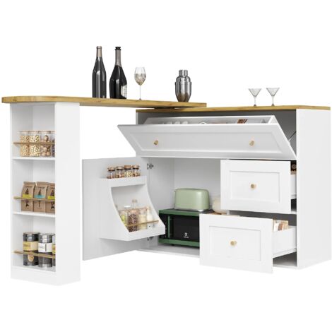 Ausziehbarer Bartisch mit Stauraum(138-204×39×105cm) , Küchenschrank, Sideboard mit Snackregal, Teleskopischer Bartisch, Stehtisch Bistrotisch  Hochtisch Kücheninsel, weiß