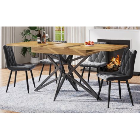 Ausziehbarer Esstisch 120 (160) x 80 cm, ausziehbarer Küchentisch, Frühstückstisch, sternförmige Tischbeine, schwarze Eisenbeine, Tischplatte aus Walnussholz/Marmorimitat