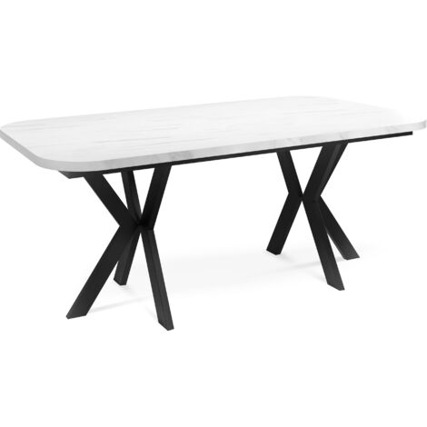 Ausziehbarer Esstisch im Modern-Stil - Rechteckiger Tisch mit Schwarzen Metallbeinen - Industrietisch mit Abgerundeten Ecken - 200 x 100 cm - Marmor Weiß