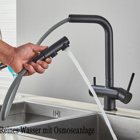 Ausziehbarer Küchenarmatur Schwarz hoher Wasserdruck, 360-Grad drehbarer Wasserhahn, Einhandmischer, zwei Strahlarten, geeignet für Küchenspülen