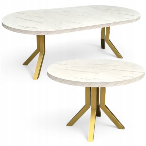 Ausziehbarer runder Esstisch Ø110–210 cm Marmor Weiß – Goldene Metallbeine X SLIM