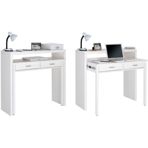 Ausziehbarer Schreibtisch, Studio-Konsolentisch, Computertisch, PC, 2 Schubladen, Oberfläche glänzendes Weiß, Maße: 98,6x86,9x36- 70 cm Tiefe
