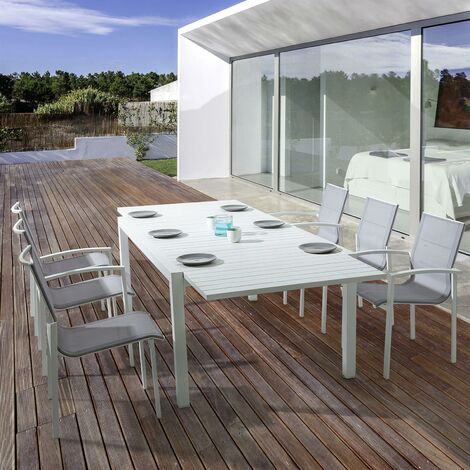 Ausziehbarer Tisch "Atlantic" aus Aluminium mit Platte für Garten und Veranda 180/270 cm -Weiss / Tisch + 6 Stühle