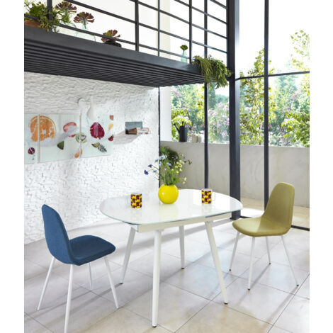 Ausziehbarer Tisch mit weißer Hartglasplatte 120/180x90h cm