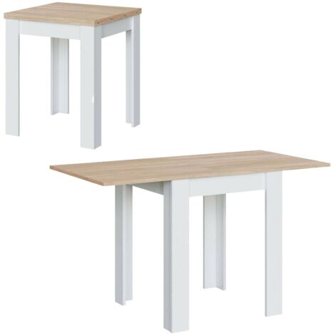Ausziehbarer Tisch Newark, Klappbarer Esstisch mit Buchöffnung, Klappbarer Hilfstisch, cm 67x67/135h79, Weiß und Eiche