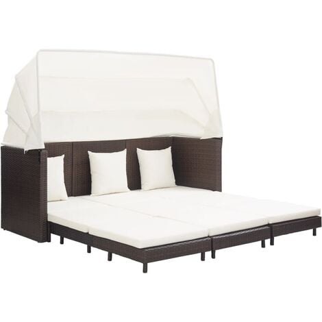 Ausziehbares 3-Sitzer-Schlafsofa mit Dach Poly Rattan Braun vidaXL