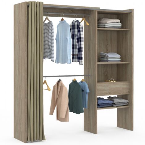 Ausziehbares Ankleidezimmer MARTY 120/170 x 50 x 180 cm Buche mit Regalen + doppelter Garderobe + taupefarbener Vorhang