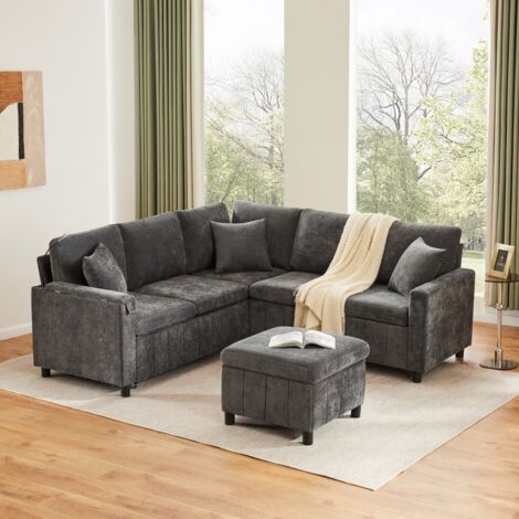 Ausziehbares Ecksofa aus Chenille – 205 x 205 x 85 cm – Mit Bett, ausklappbarem Tisch, USB-/Typ-C-Anschlüssen und Hocker – Grau