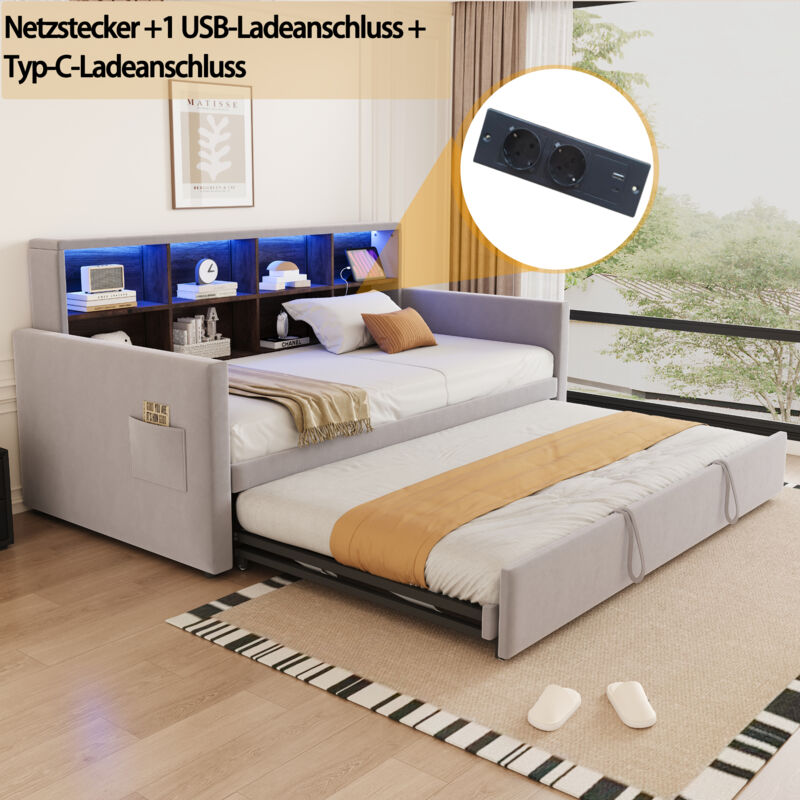 Mivray Ausziehbett 90x190 Cm Mit Ausziehbett-gestell Und Kopfteil Mit Stauraum, Hellgrau