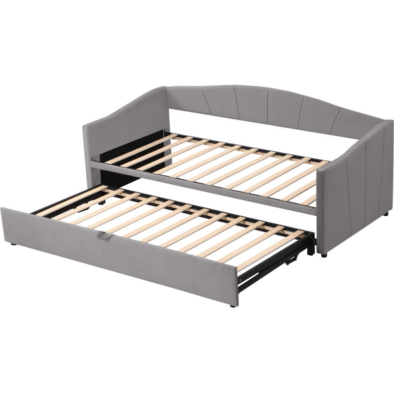 Mivray Ausziehbett 90x200 Cm Mit Auf 180x200 Cm Ausziehbarem Unterbett-gestell, Samt, Grau