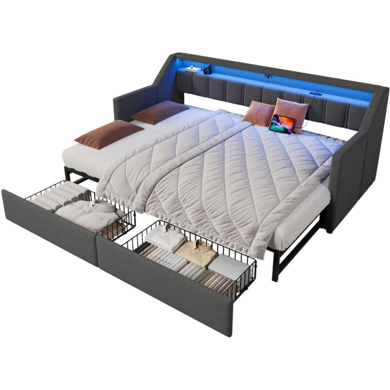 Mivray Ausziehbett 90x200 Cm Mit Kopfteil Mit Usb-/type-c-anschlüssen, Grau