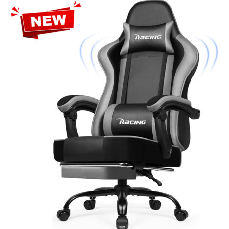 Authmic – Chaise gaming ergonomique inclinable 90° à 170° – Repose-pieds escamotable – Coussin cervical en mousse à mémoire – Base en acier épais