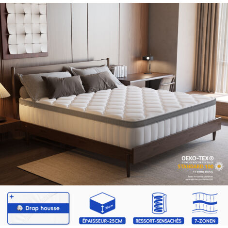 Authmic – Matelas ressorts 140x200 cm – 7 zones de confort – Mousse à mémoire – Drap-housse inclus – Épaisseur 25 cm – Anti-allergène