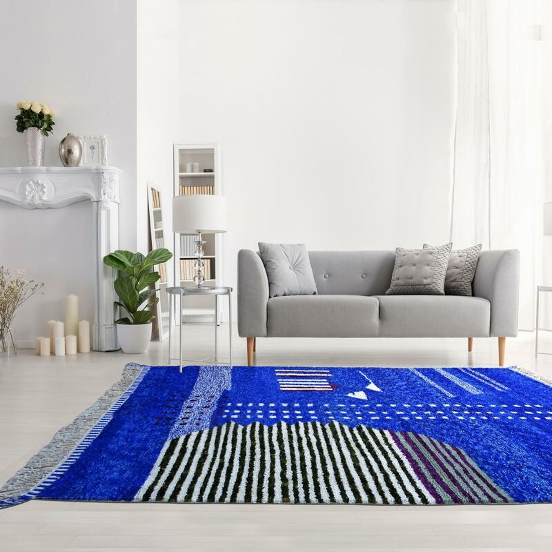 

Beni Ouarain Berber Carpet v en lana azul - Bleu