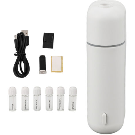 Auto-Diffusor für ätherische Öle, inklusive 6 x 5 ml Fläschchen, USB 5V, Bewegungserkennung, weiß, ideal für Reisen und den täglichen Arbeitsweg.