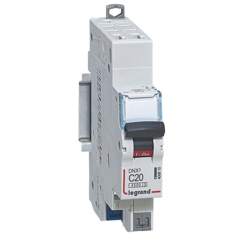 Disjoncteur Phase+Neutre DNX³4500 6kA arrivée et sortie borne automatique 1P+N 230V 20A courbe d 1 module Legrand 406810
