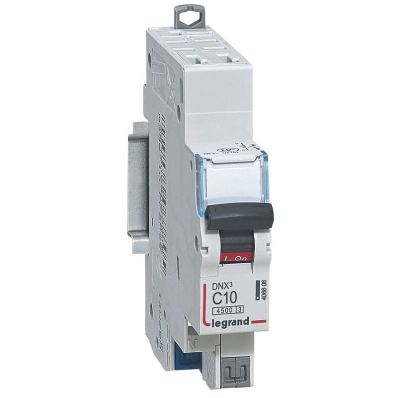 Disjoncteur Phase+Neutre DNX³4500 6kA arrivée et sortie borne automatique 1P+N 230V 10A courbe d 1 module Legrand 406808