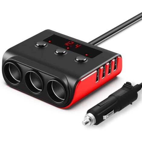 Auto Ladegerät Adapter,  3 Fach KFZ Zigarettenanzünder Verteiler mit 4 USB Ports, 120W 12V/24V DC Mehrfach Steckdose Splitter mit LED Voltmeter Getrennte Schalter für GPS/Dash Cam/Telefon