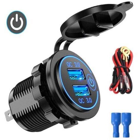 Auto-Ladegerät con due porte USB, Quick Charge 3.0, 12 V–24 V, presa per auto, pulsante touch per smartphone