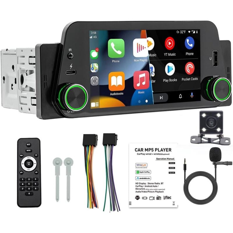 Auto Stéréo simple DIN compatible for Carplay et Android Auto, récepteurs Autoradio Bluetooth à écran tactile HD de 5', lien miroir, lecture