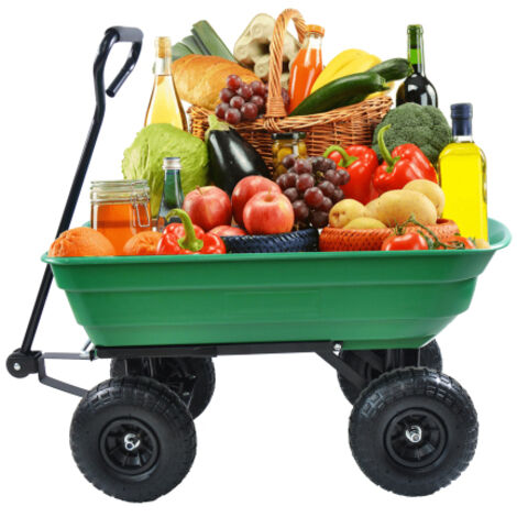 Autocarro con cassone ribaltabile da giardino in polietilene pieghevole con telaio in acciaio, 10 pollici. Pneumatici, capacità di 300 libbre, cassone da 75 litri OKWISH