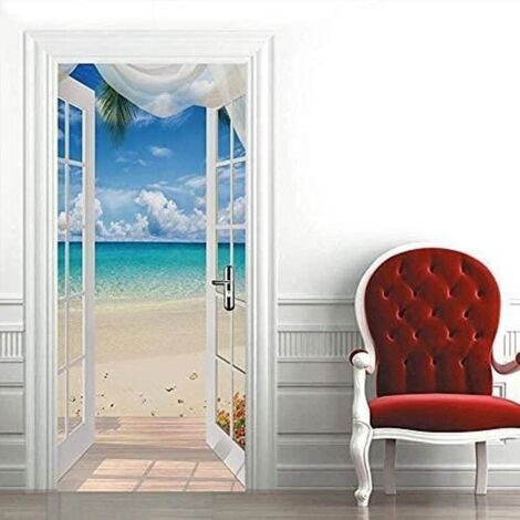 Autocollant 3D Porte Stylo, Sticker Porte Trompe-l'œil Moderne Vue sur Mer Créatif, Autocollant PVC Adhésif pour Porte