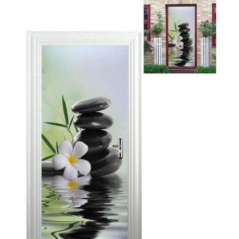 Autocollant de Porte 3D - Pierres de Spa Noires avec Fleurs sur Eau Zen