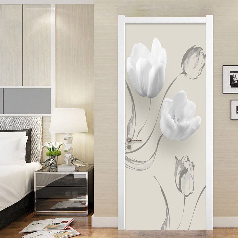 Autocollant de porte effet 3D floral blanc (77x200cm), autocollant d'intérieur en pvc pour la décoration des murs du salon, de la cuisine, de la