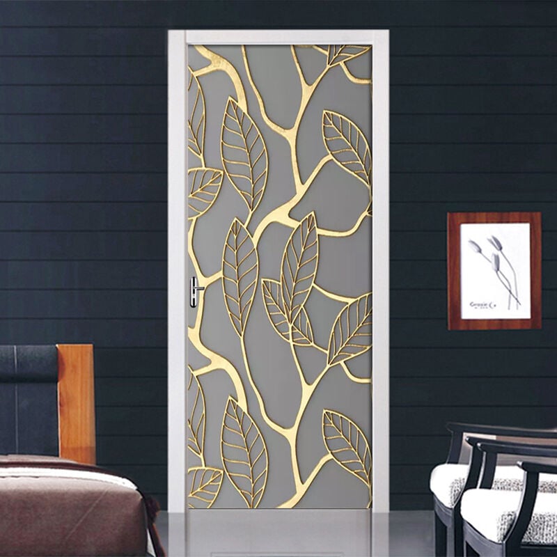 Autocollant de porte effet 3D ligne dorée (77x200cm), autocollant mural intérieur en pvc pour décoration murale salon cuisine chambre salle de bain