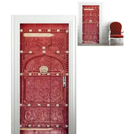 Autocollant de Porte Photo 3D - Poster Ancien Style Porte en Bois Rouge pour Décoration Murale