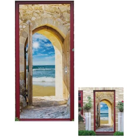 Autocollant de Porte Photo 3D - Vue sur la Mer des Caraïbes à travers une Vieille Arche en Bois