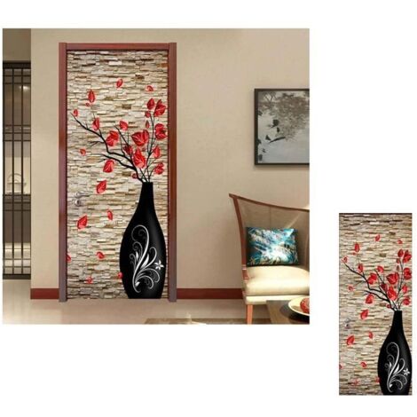 Autocollant de Porte Photo Effet 3D Trompe-l'Œil - Vase à Fleurs Rouge Décoratif pour Salle de Bain 77x200cm