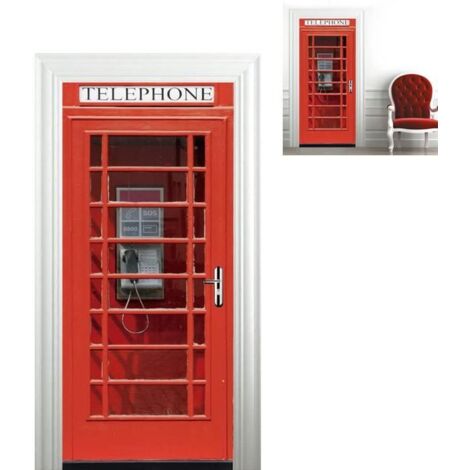 Autocollant de Porte Photo - Sticker 3D Cabine Téléphonique Rouge de Londres, Affiche Murale Décorative