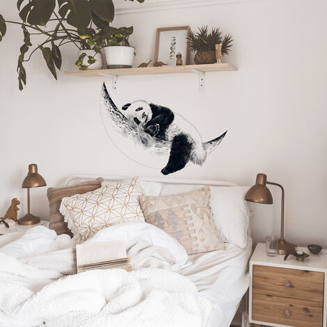 Autocollant Décoratif Panda sur Lune Noir et Blanc 68x48cm - Sticker Style Dessin au Crayon pour Décoration Murale Intérieure