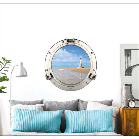 Autocollant Fenêtre 3D Hublot Phare Mer Ciel Bleu 75x60cm