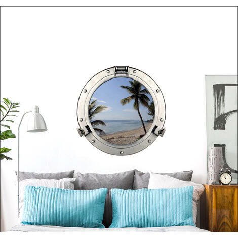 Autocollant Fenêtre 3D Plage Paradisiaque, Palmiers, Décoration Bord de Mer, 75 cm X 60 cm