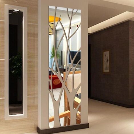 Autocollant mural de miroir 3D de branches d'arbre, autocollant de mur de miroir acrylique amovible auto-adhésif, pour salon à la maison TV Fond Mural (100x28cm, argent)