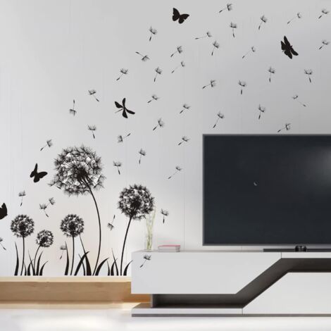 Autocollant mural de pissenlit noir, autocollant mural de fleur de papillon, décoration d'autocollant de mur de fond de TV-1pc
