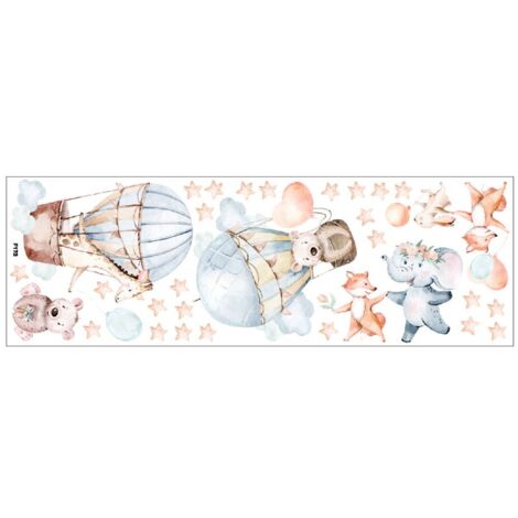 Autocollant mural décoratif pour enfants, montgolfière avec animaux de dessin animé, n'attaque pas le mur, réutilisable, résistant aux rayures et à l'eau, amovible, 90x30 cm, multicolore