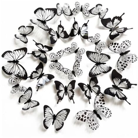 Autocollant mural papillon 3D noir blanc 24 pièces/ensemble, décoration de mariage, chambre à coucher, salon, décor