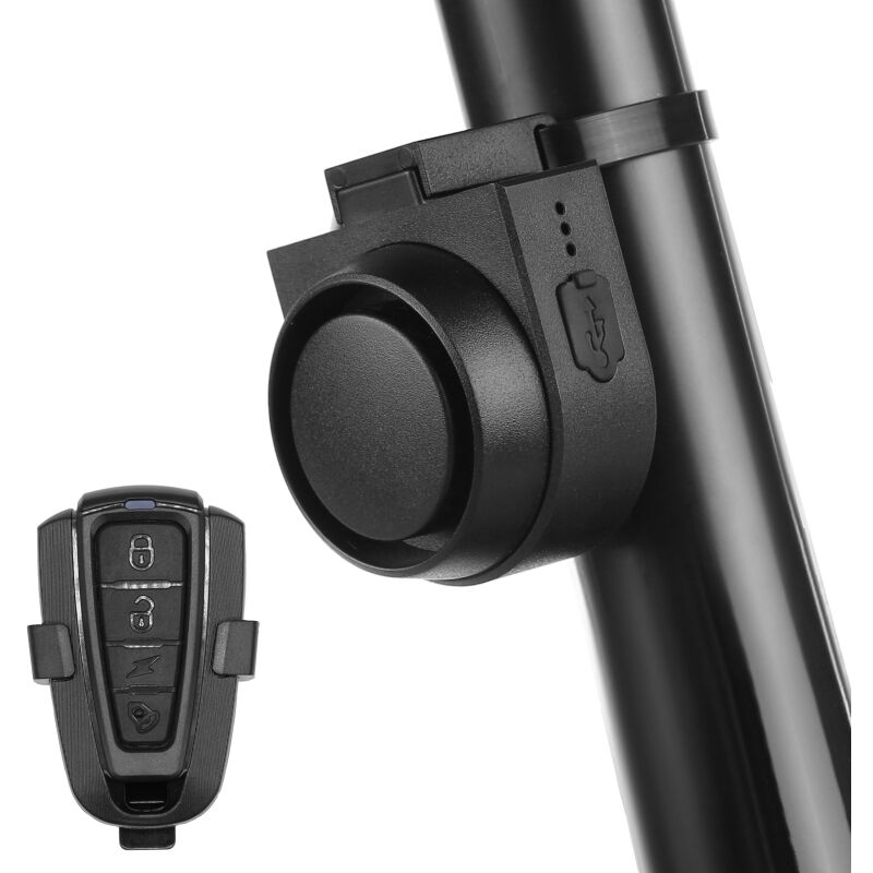Klaxon de vélo sans fil 115 dB, puissant, antivol, IPX5, avec 5 modes sonores, 3 réglages de sensibilité aux vibrations et 3 réglages de volume.