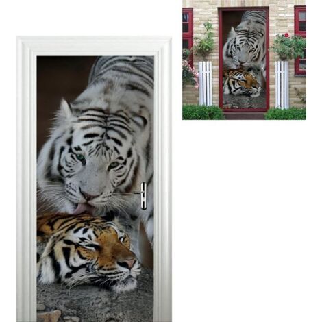 Autocollant Porte Photo 3D - Thème Tigre Blanc et Brun, Décoration Murale Artistique