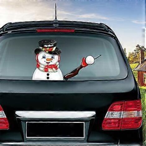 Autocollant pour essuie-glace arrière : Bonhomme de neige de Noël agitant l’essuie-glace, autocollant 3D animé amusant (bonhomme de neige lançant des boules de neige)