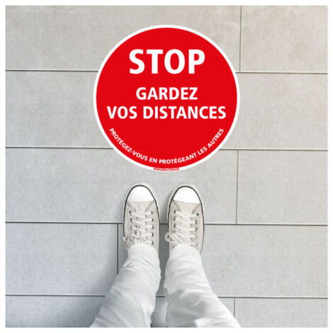 AUTOCOLLANT SOL ADHESIF COVID19 - STOP GARDEZ VOS DISTANCES (O0039) - Diamètre 450 mm