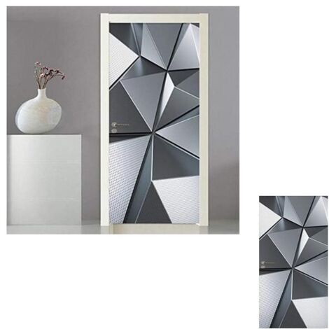 Autocollants 3D pour Porte - Poster Texture Métallique Géométrique, Papier Peint Créatif Trompe-l'Œil pour Décoration de Salon