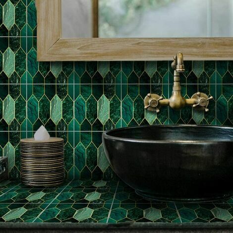Autocollants à décoller et recoller façon carrelage mosaïque pour carrelage mural et de sol, crédence, décoration d’intérieur, cuisine, salle de bains, autocollants mosaïques, couleur vert doré