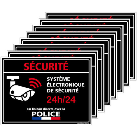 Autocollants Alarme Lot de 8 stickers Alarme Sécurité Protection Vidéosurveillance 8 x 6 cm résistants UV et pluie. Système électronique police . noir .  - Système électronique police - noir