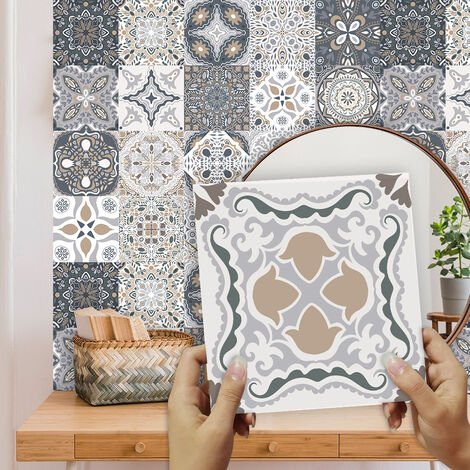Autocollants auto - adhésifs pour carreaux muraux 24 pièces autocollants imperméables marocains DIY cuisine salle de bains décoration (24 pcs, 10×10cm)