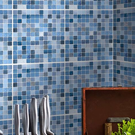 Autocollants carrelage bleus imperméables en PVC, pour salle de bain et cuisine - 20 pièces, 20 x 20 cm
