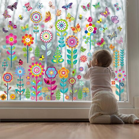 autocollants De Fentre Fleur Papillon Plante Mnage Salon Enfants Jardin D'enfants Verre Dcoration Statique Printemps Autocollants De Fentre